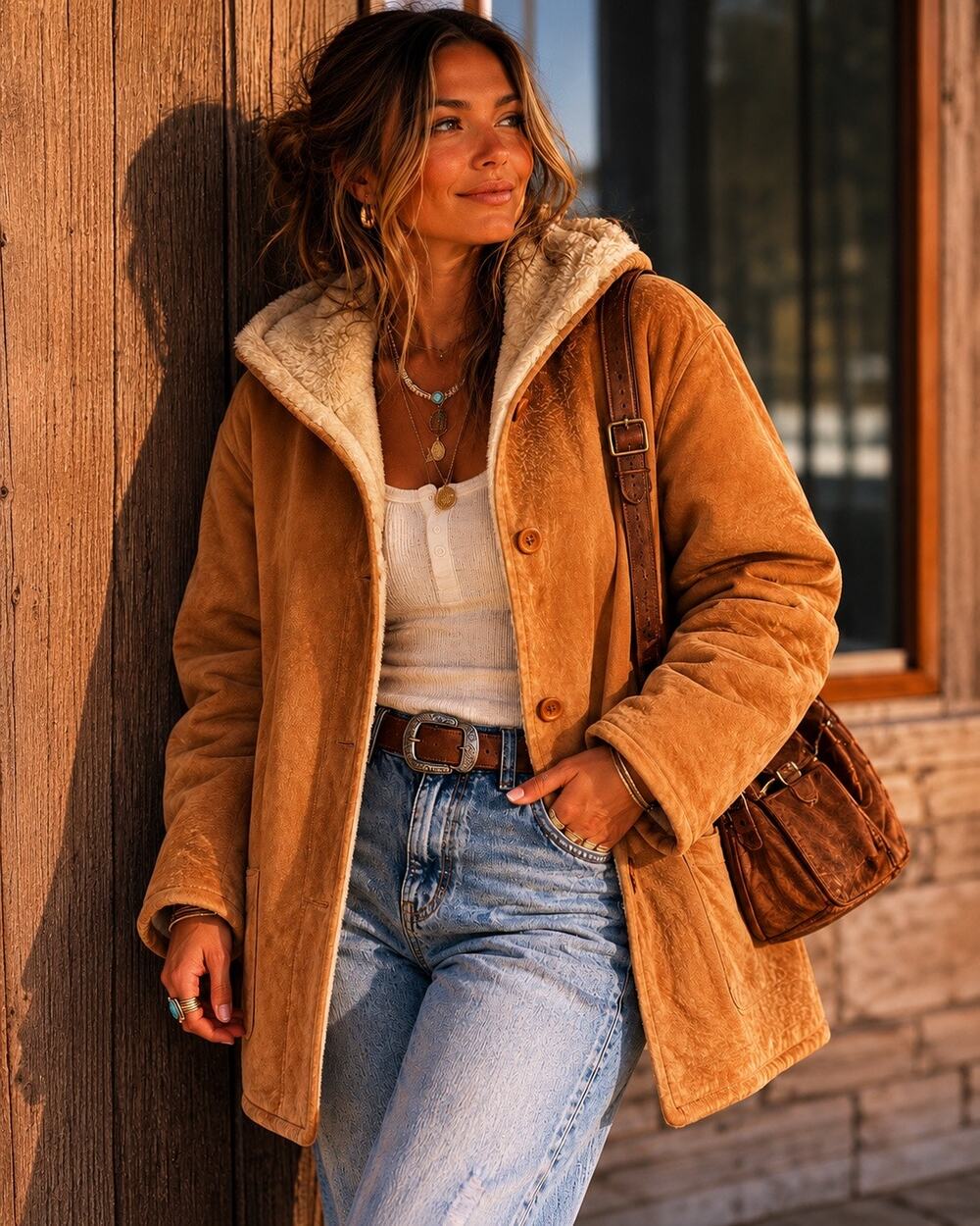 Vintage 90s NYJeans Tan Suede Leather Fur Lined Barn Trucker Coat Size Large